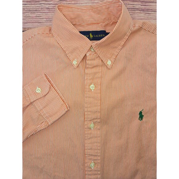 Ralph Lauren Mens Orange Striped Shirt Medium - Picture 4 of 7